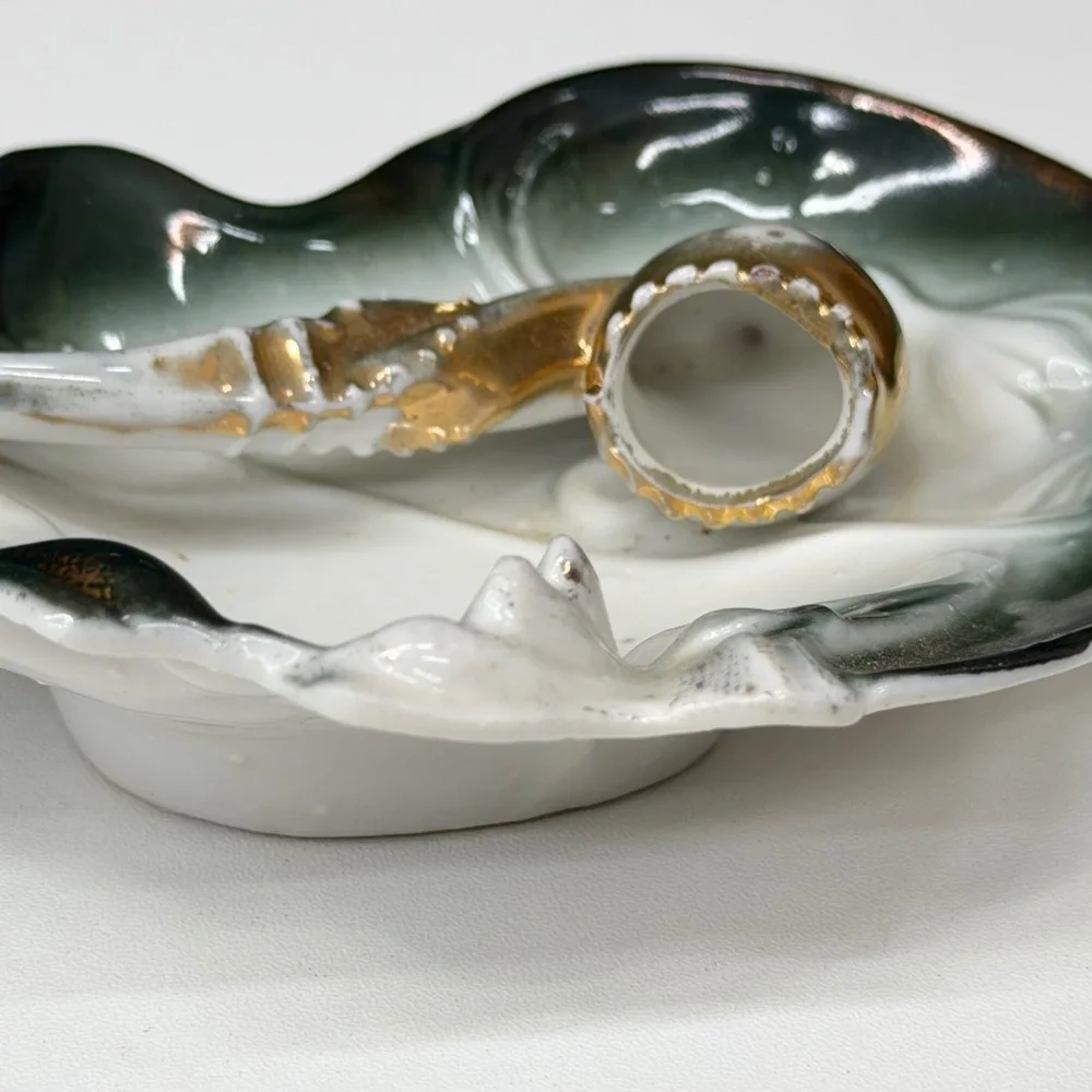 Vintage Porcelain Pipe Ashtray Trinket Dish Green Ombre Gold Gilt Figural 4.5